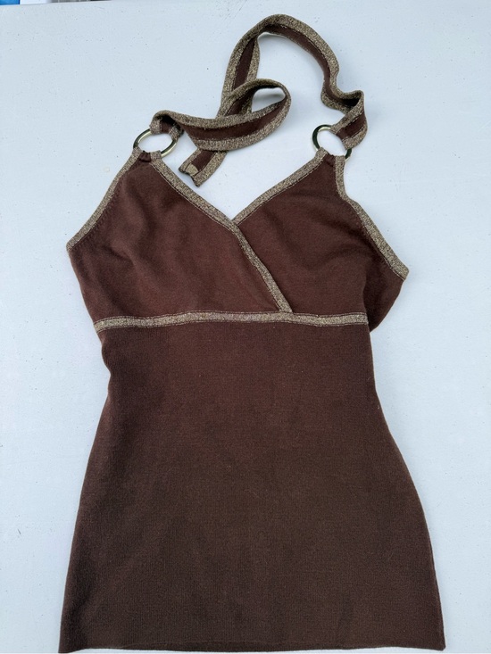 Cache Tops - Vintage Brown Halter Knit Tank Top with Metallic Trim